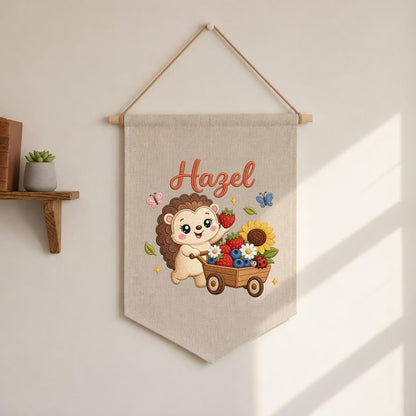 Personalized Hedgehog Berry Wagon Banner, Embroidered Woodland Nursery Decor, Hazel Name Wall Hanging