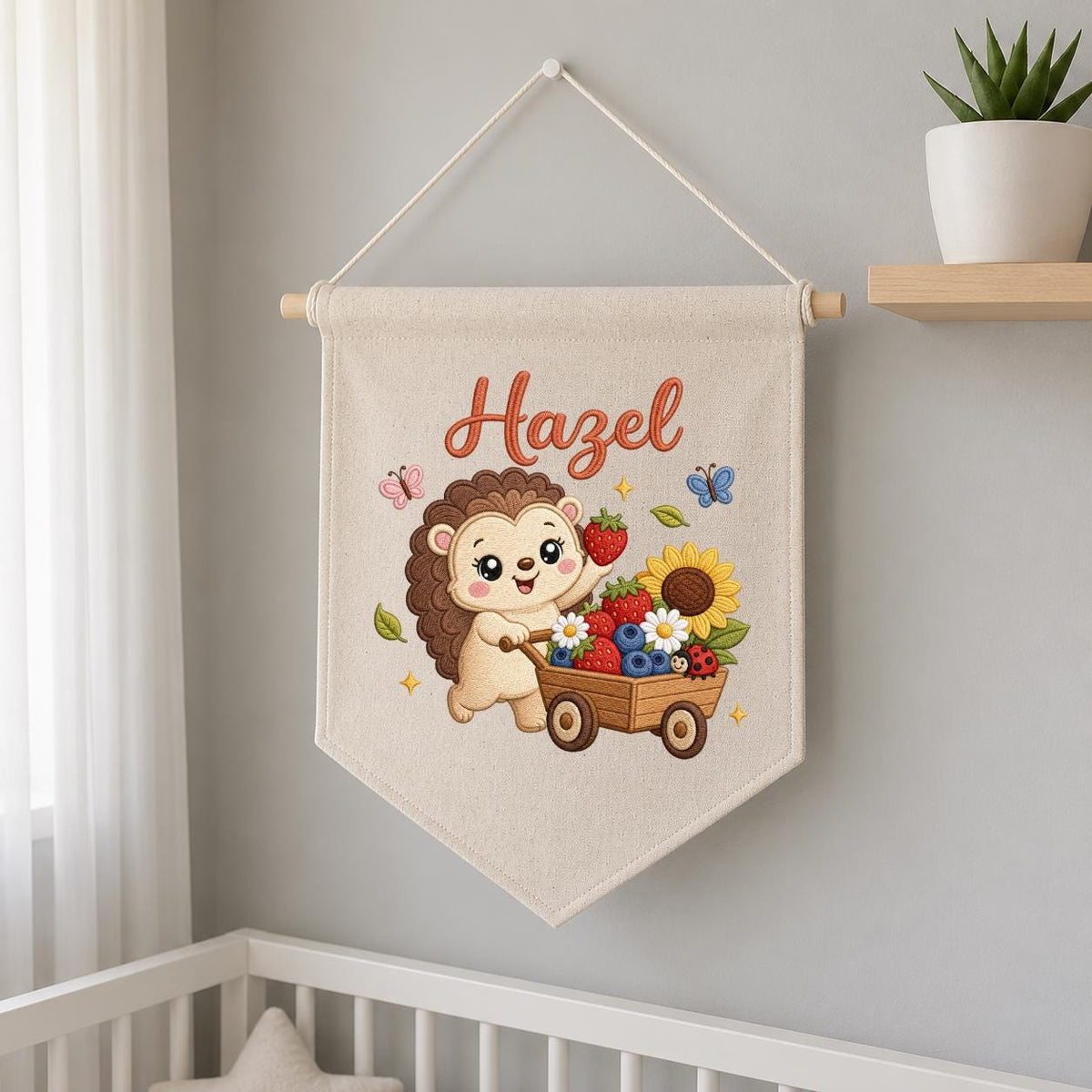 Personalized Hedgehog Berry Wagon Banner, Embroidered Woodland Nursery Decor, Hazel Name Wall Hanging