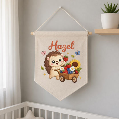 Personalized Hedgehog Berry Wagon Banner, Embroidered Woodland Nursery Decor, Hazel Name Wall Hanging