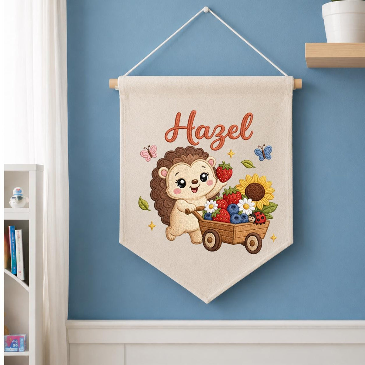 Personalized Hedgehog Berry Wagon Banner, Embroidered Woodland Nursery Decor, Hazel Name Wall Hanging