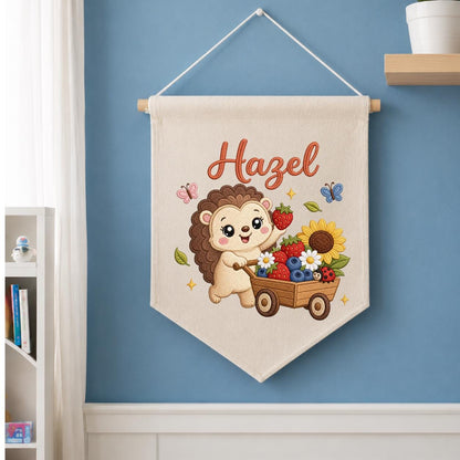 Personalized Hedgehog Berry Wagon Banner, Embroidered Woodland Nursery Decor, Hazel Name Wall Hanging