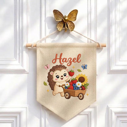 Personalized Hedgehog Berry Wagon Banner, Embroidered Woodland Nursery Decor, Hazel Name Wall Hanging