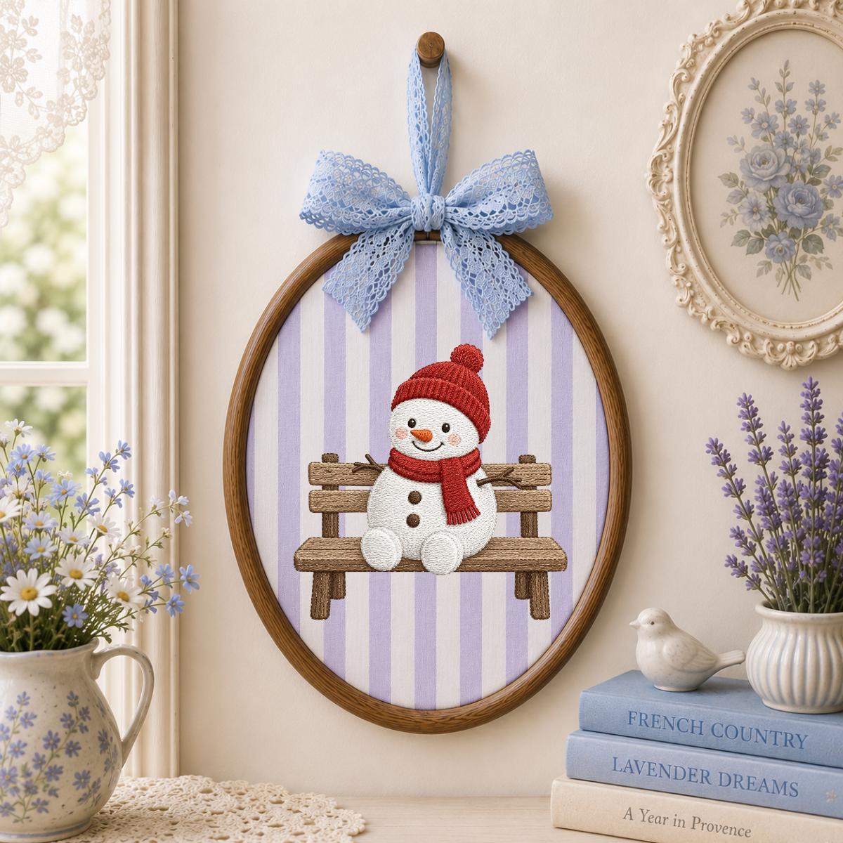 Embroidered Snowman Sitting on Wooden Bench Oval Hoop Decor, Cozy Winter Christmas Wall Hanging Sign, Cute Holiday Nursery Gift