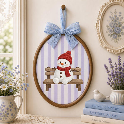 Embroidered Snowman Sitting on Wooden Bench Oval Hoop Decor, Cozy Winter Christmas Wall Hanging Sign, Cute Holiday Nursery Gift
