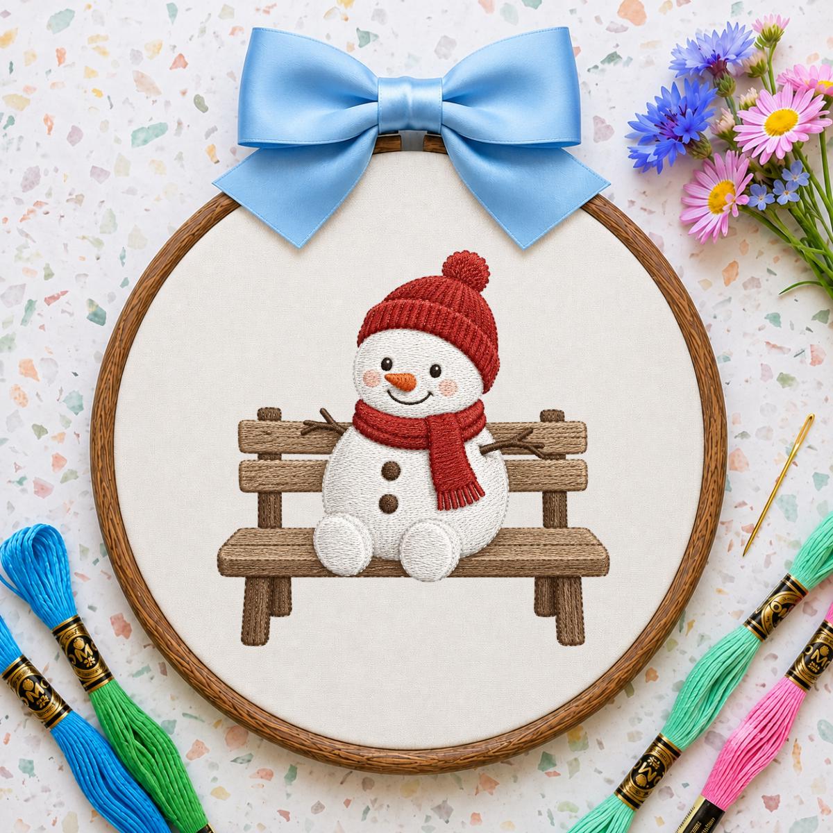 Embroidered Snowman Sitting on Wooden Bench Oval Hoop Decor, Cozy Winter Christmas Wall Hanging Sign, Cute Holiday Nursery Gift