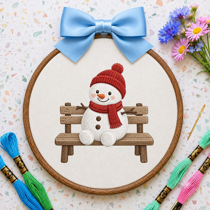 Embroidered Snowman Sitting on Wooden Bench Oval Hoop Decor, Cozy Winter Christmas Wall Hanging Sign, Cute Holiday Nursery Gift