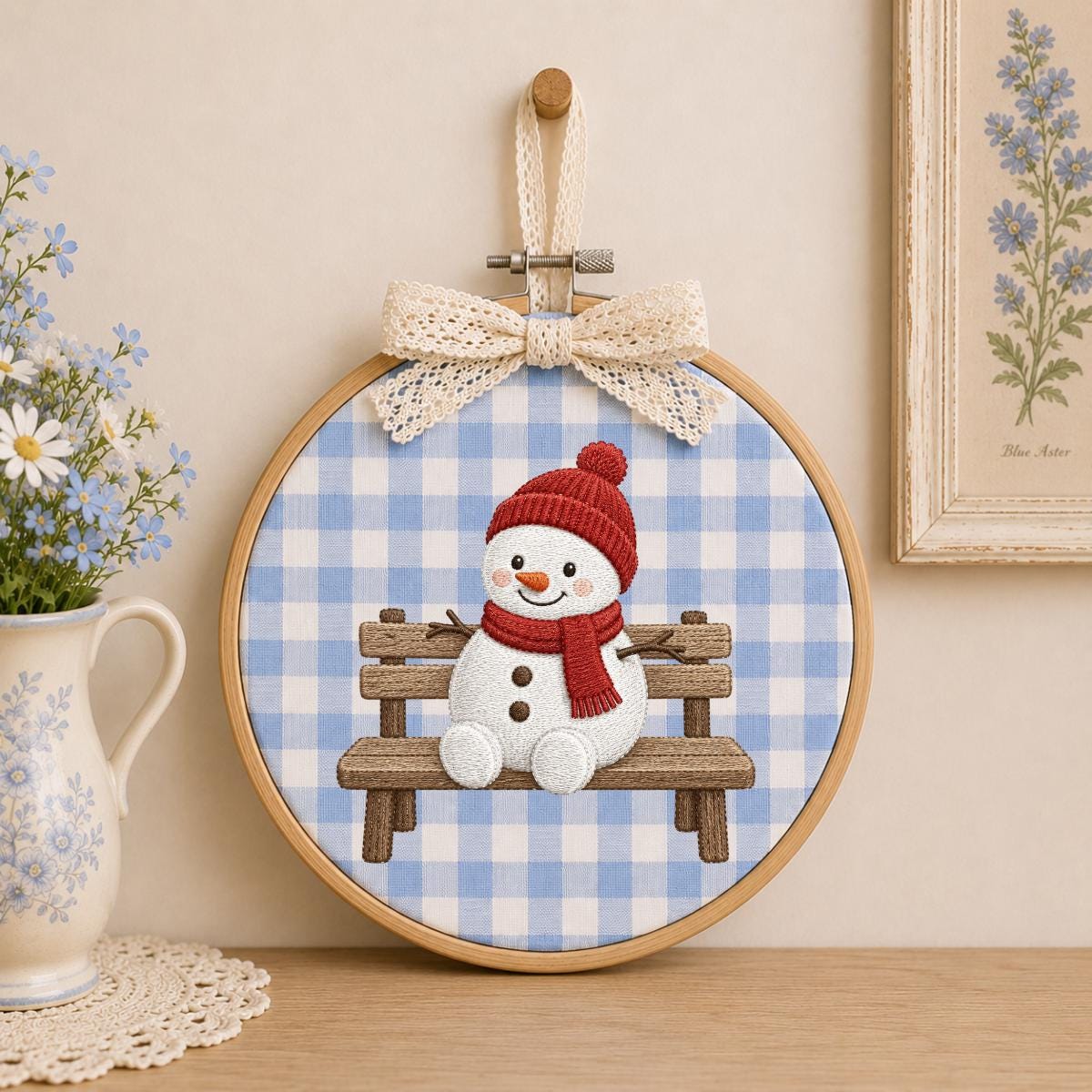 Embroidered Snowman Sitting on Wooden Bench Oval Hoop Decor, Cozy Winter Christmas Wall Hanging Sign, Cute Holiday Nursery Gift