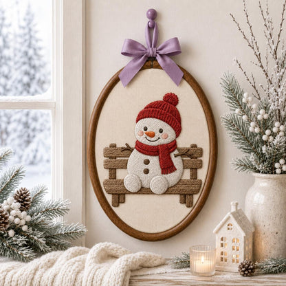 Embroidered Snowman Sitting on Wooden Bench Oval Hoop Decor, Cozy Winter Christmas Wall Hanging Sign, Cute Holiday Nursery Gift