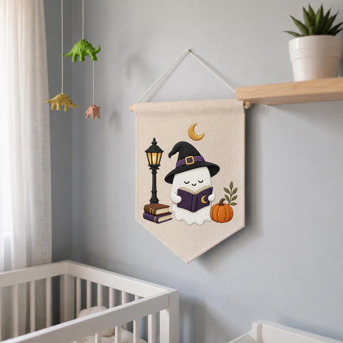 Cute Halloween Ghost Canvas Pennant Banner Decor, Embroidered Book Lover Witch Hat Pumpkin Lamppost Wall Hanging Sign, Spooky Fall Gift