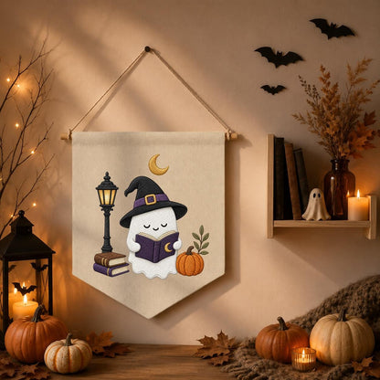 Cute Halloween Ghost Canvas Pennant Banner Decor, Embroidered Book Lover Witch Hat Pumpkin Lamppost Wall Hanging Sign, Spooky Fall Gift
