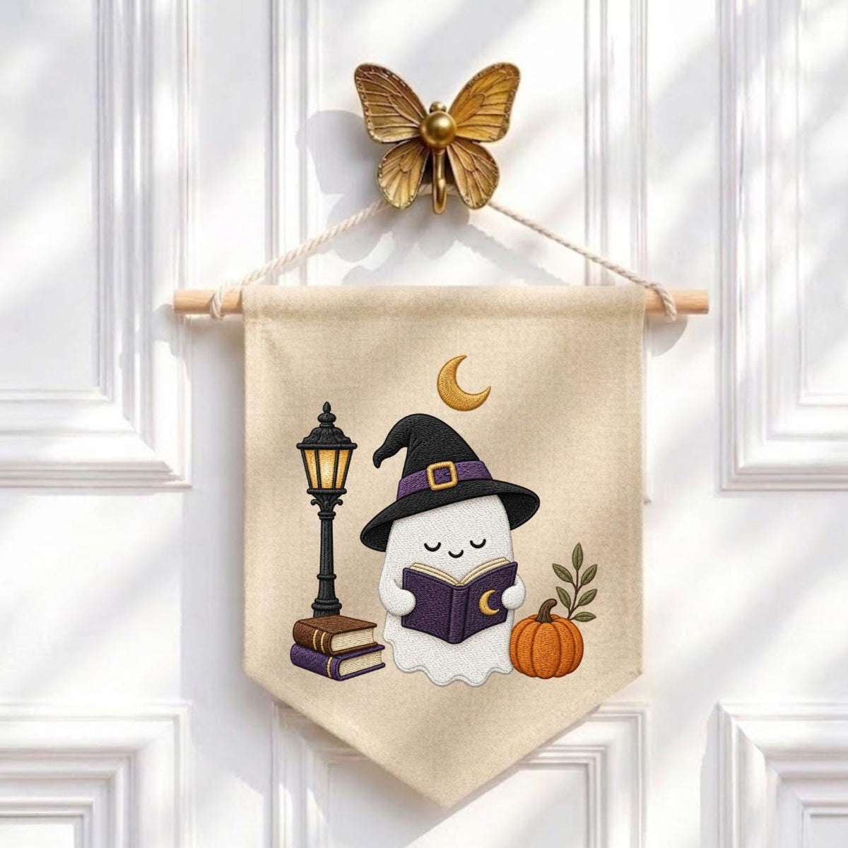 Cute Halloween Ghost Canvas Pennant Banner Decor, Embroidered Book Lover Witch Hat Pumpkin Lamppost Wall Hanging Sign, Spooky Fall Gift