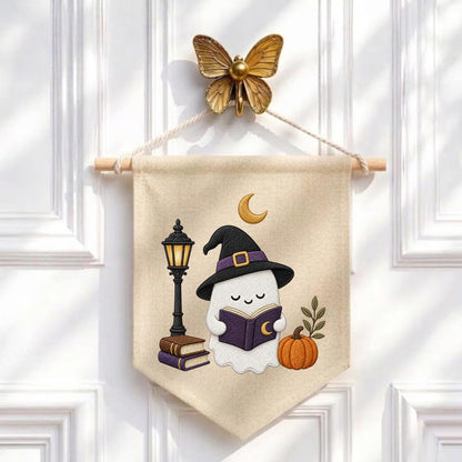 Cute Halloween Ghost Canvas Pennant Banner Decor, Embroidered Book Lover Witch Hat Pumpkin Lamppost Wall Hanging Sign, Spooky Fall Gift