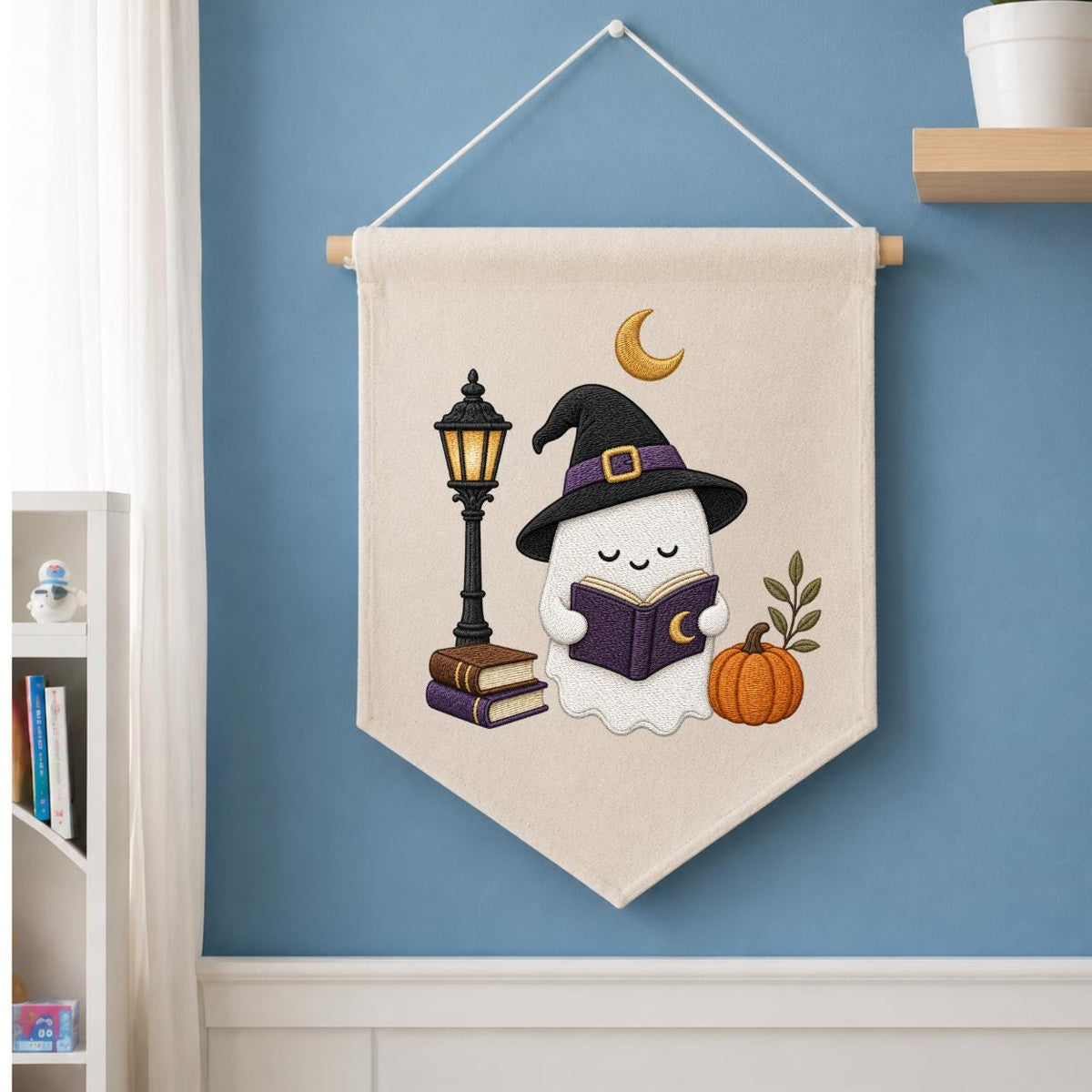 Cute Halloween Ghost Canvas Pennant Banner Decor, Embroidered Book Lover Witch Hat Pumpkin Lamppost Wall Hanging Sign, Spooky Fall Gift