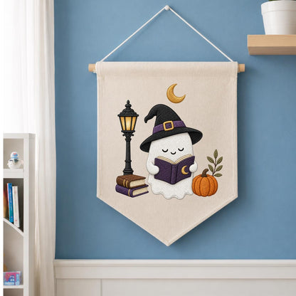 Cute Halloween Ghost Canvas Pennant Banner Decor, Embroidered Book Lover Witch Hat Pumpkin Lamppost Wall Hanging Sign, Spooky Fall Gift
