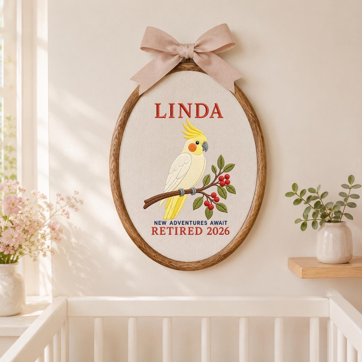 Personalized Cockatiel Retired 2026 Oval Hoop Art, Custom Name Embroidered Bird New Adventures Await Coworker Retirement Gift Sign