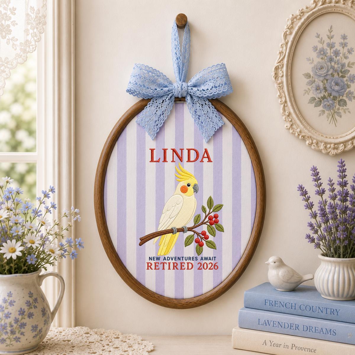 Personalized Cockatiel Retired 2026 Oval Hoop Art, Custom Name Embroidered Bird New Adventures Await Coworker Retirement Gift Sign