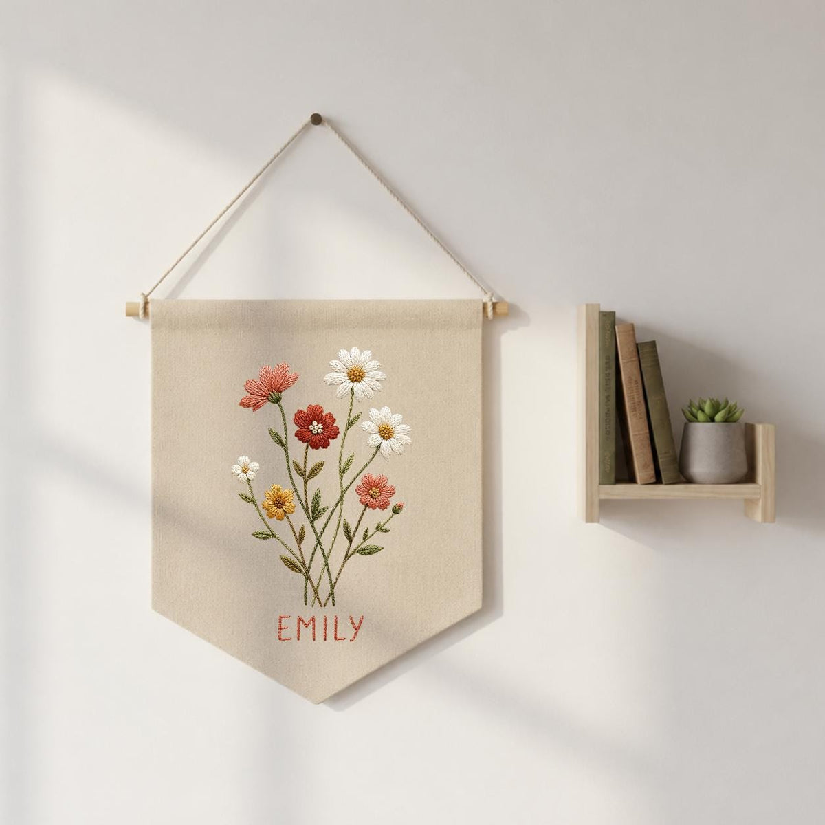 Personalized Wildflower Canvas Pennant Banner, Custom Name Embroidered Daisy Floral Bouquet Baby Girl Nursery Wall Hanging Sign