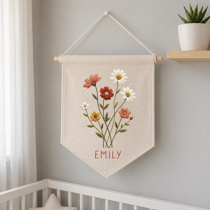 Personalized Wildflower Canvas Pennant Banner, Custom Name Embroidered Daisy Floral Bouquet Baby Girl Nursery Wall Hanging Sign