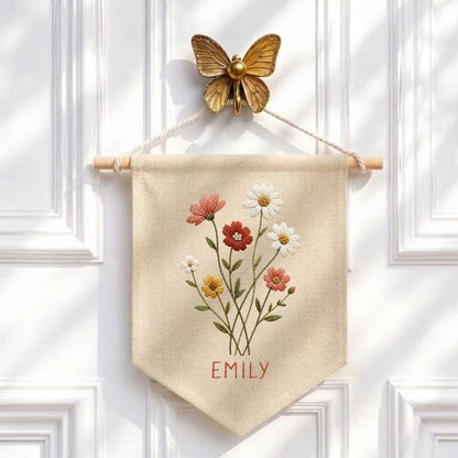 Personalized Wildflower Canvas Pennant Banner, Custom Name Embroidered Daisy Floral Bouquet Baby Girl Nursery Wall Hanging Sign