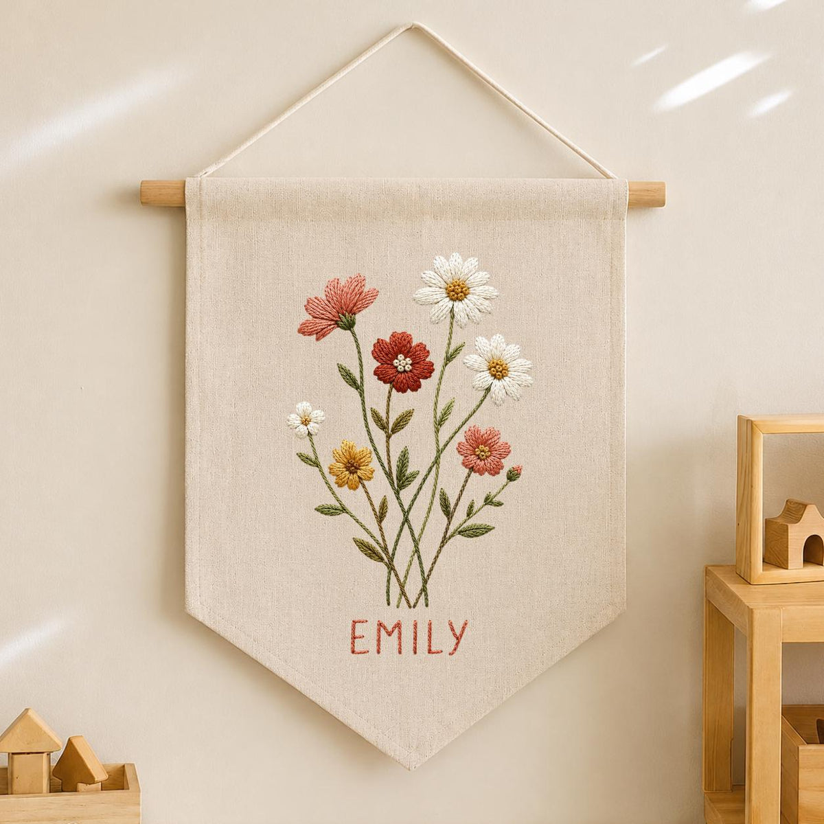 Personalized Wildflower Canvas Pennant Banner, Custom Name Embroidered Daisy Floral Bouquet Baby Girl Nursery Wall Hanging Sign