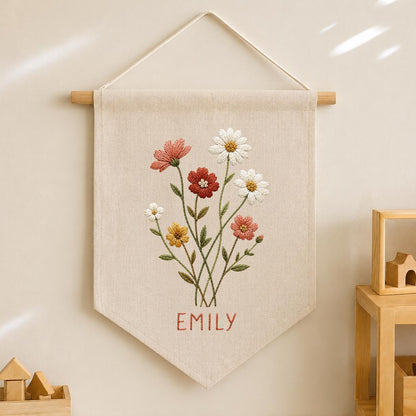 Personalized Wildflower Canvas Pennant Banner, Custom Name Embroidered Daisy Floral Bouquet Baby Girl Nursery Wall Hanging Sign