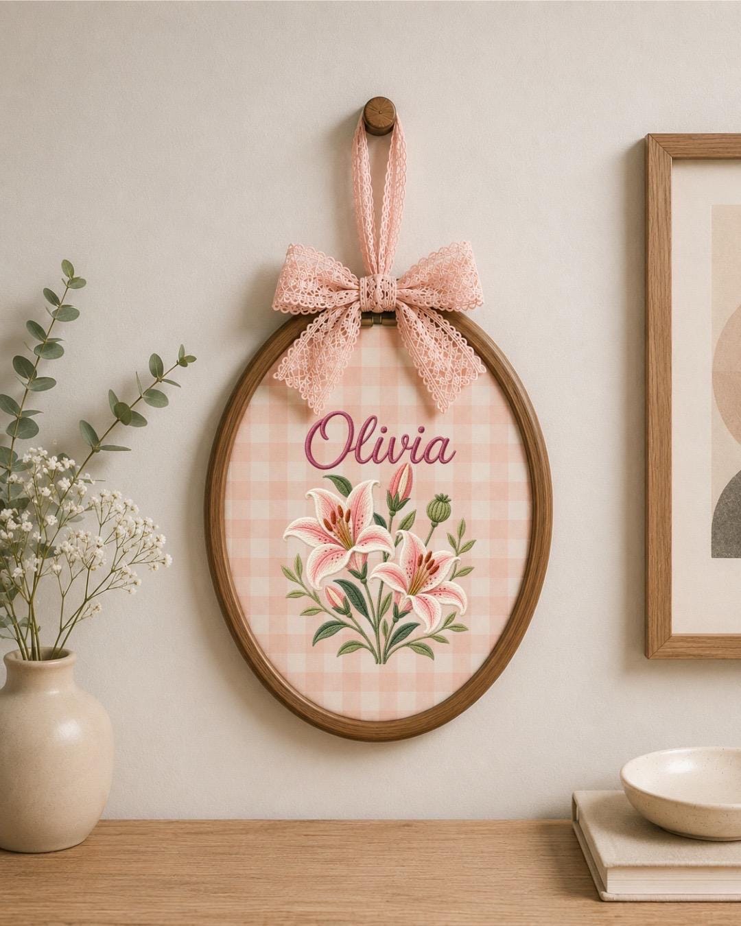 Personalized Lily Flower Embroidered Ornament, Custom Birth Flower Name Sign, Floral Nursery Wall Decor, Baby Girl Gift, Keepsake