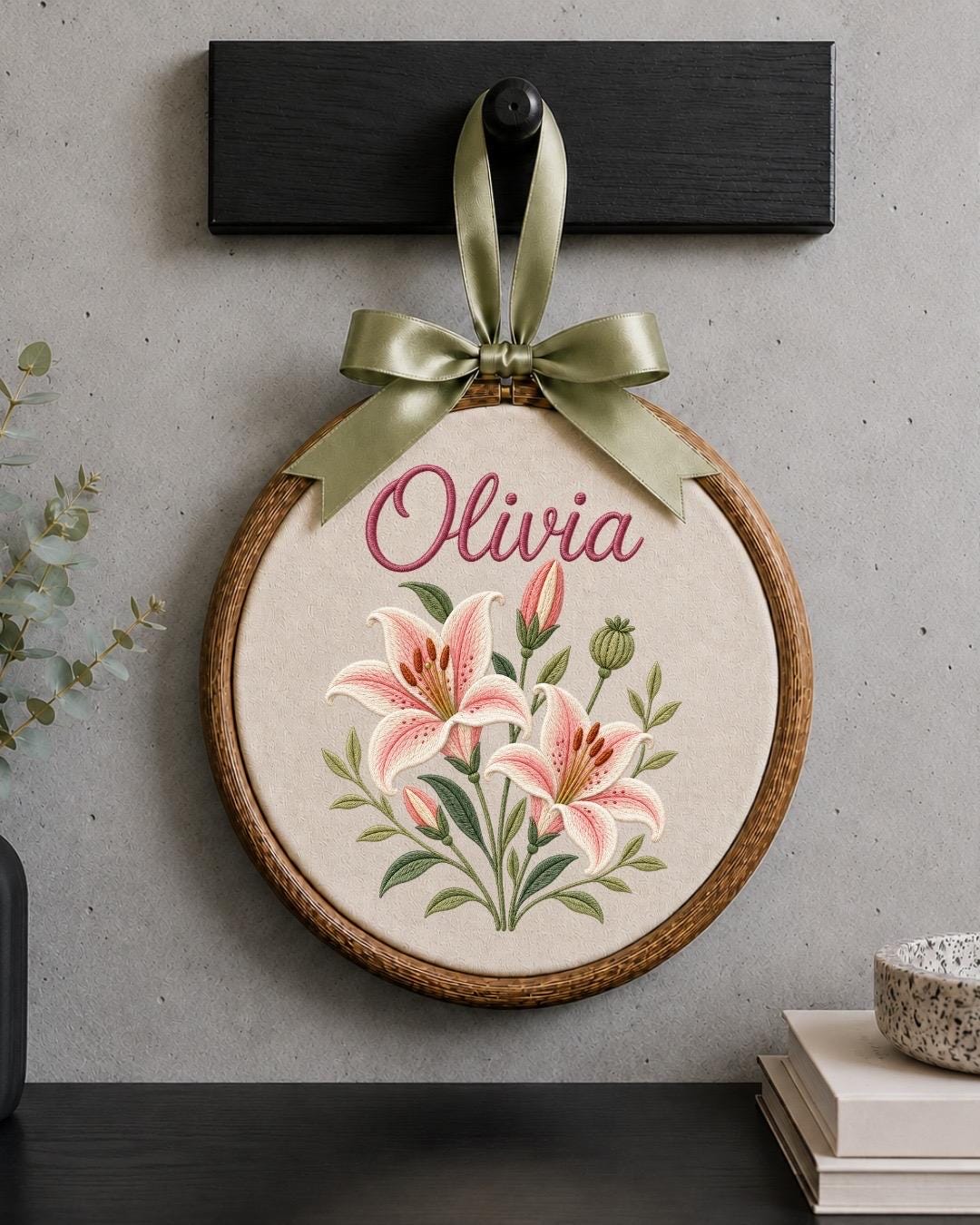 Personalized Lily Flower Embroidered Ornament, Custom Birth Flower Name Sign, Floral Nursery Wall Decor, Baby Girl Gift, Keepsake