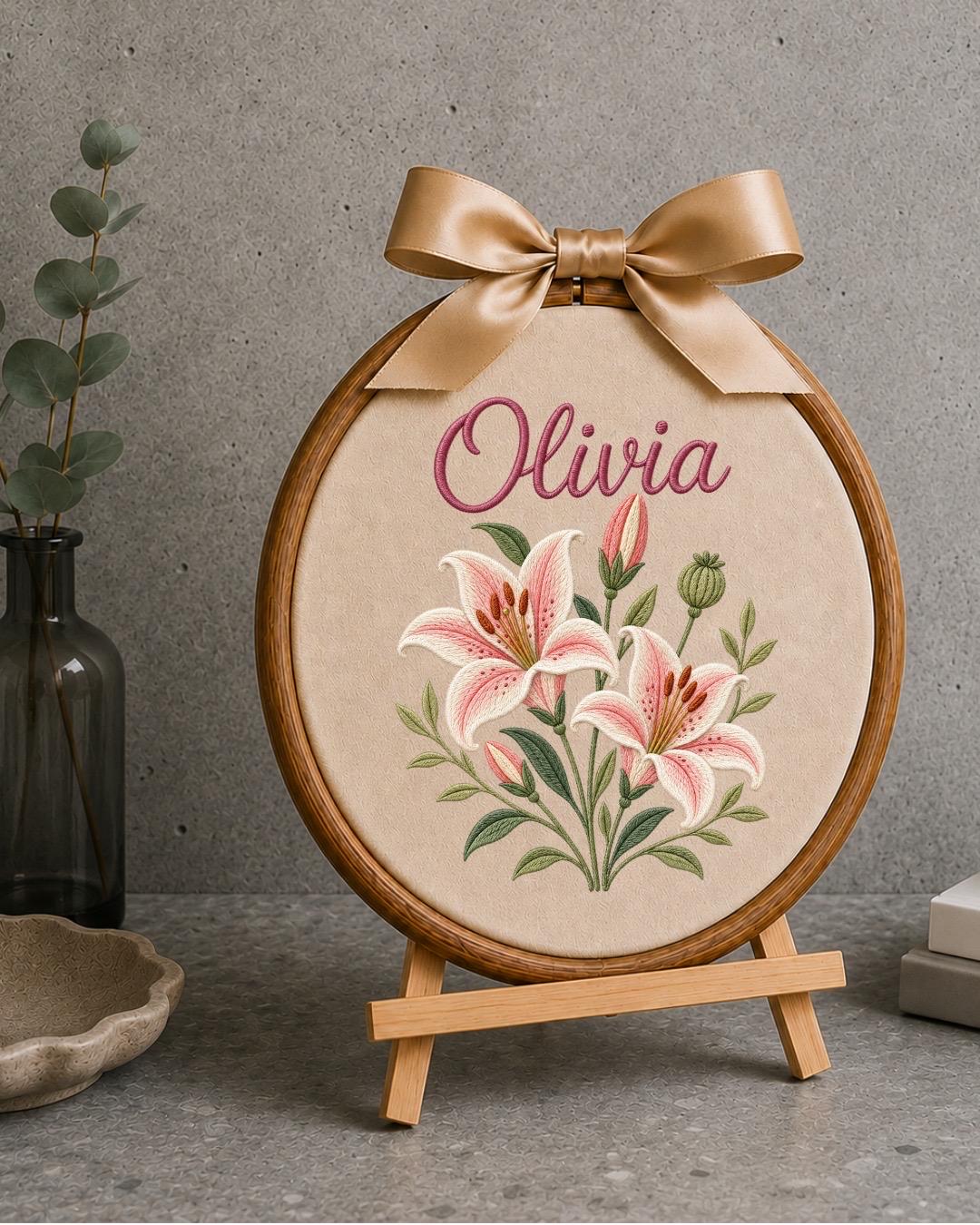 Personalized Lily Flower Embroidered Ornament, Custom Birth Flower Name Sign, Floral Nursery Wall Decor, Baby Girl Gift, Keepsake