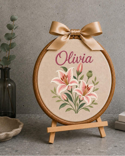 Personalized Lily Flower Embroidered Ornament, Custom Birth Flower Name Sign, Floral Nursery Wall Decor, Baby Girl Gift, Keepsake