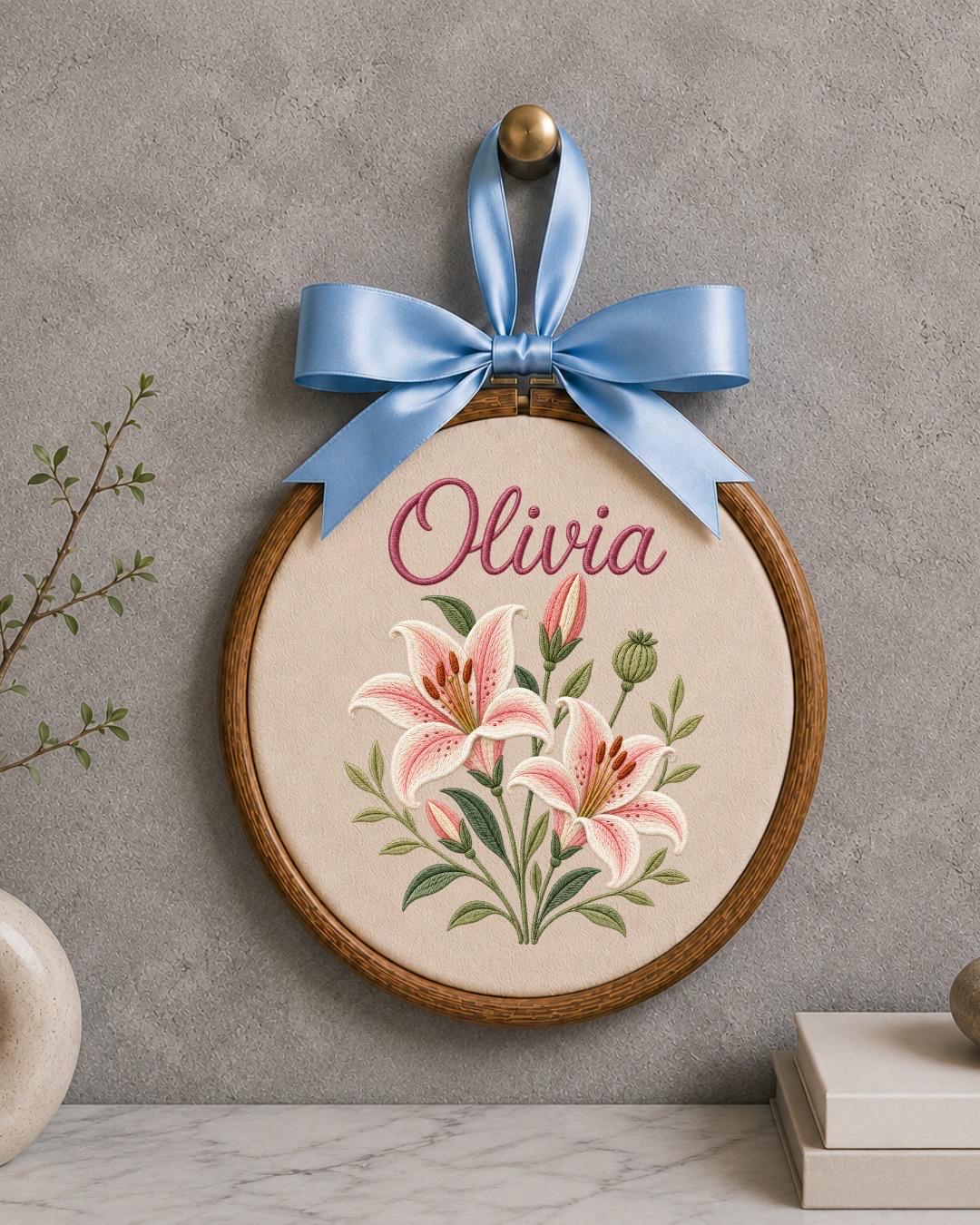 Personalized Lily Flower Embroidered Ornament, Custom Birth Flower Name Sign, Floral Nursery Wall Decor, Baby Girl Gift, Keepsake