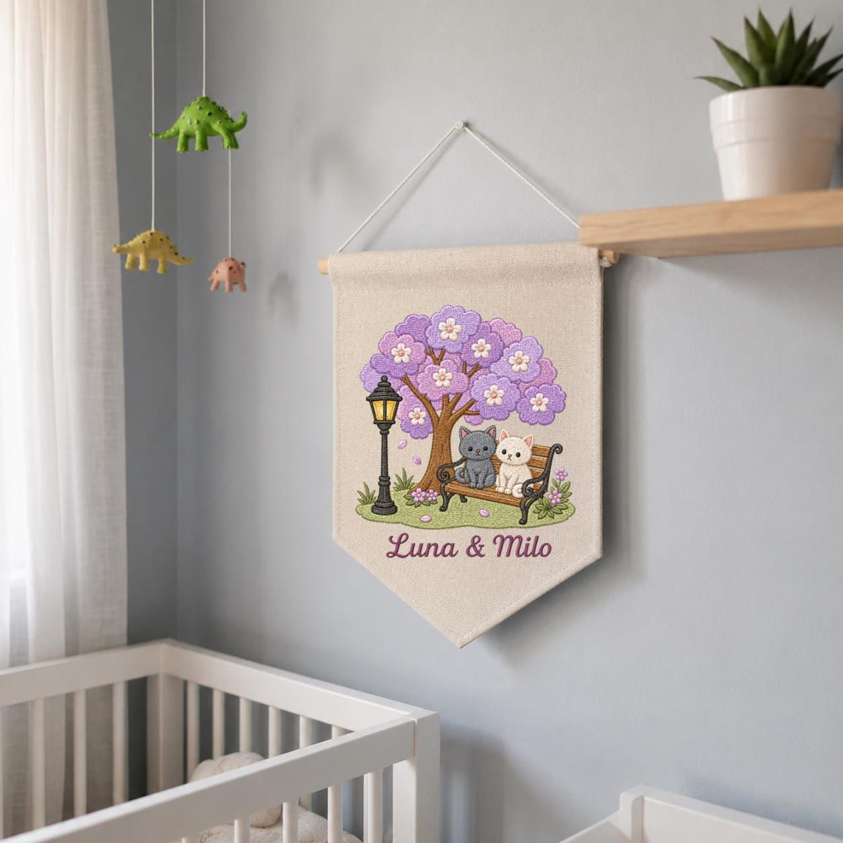 Personalized Cat Lovers Canvas Pennant Banner Decor, Custom Embroidered Grey and White Kitten Purple Tree Wall Hanging Sign, Pet Gift