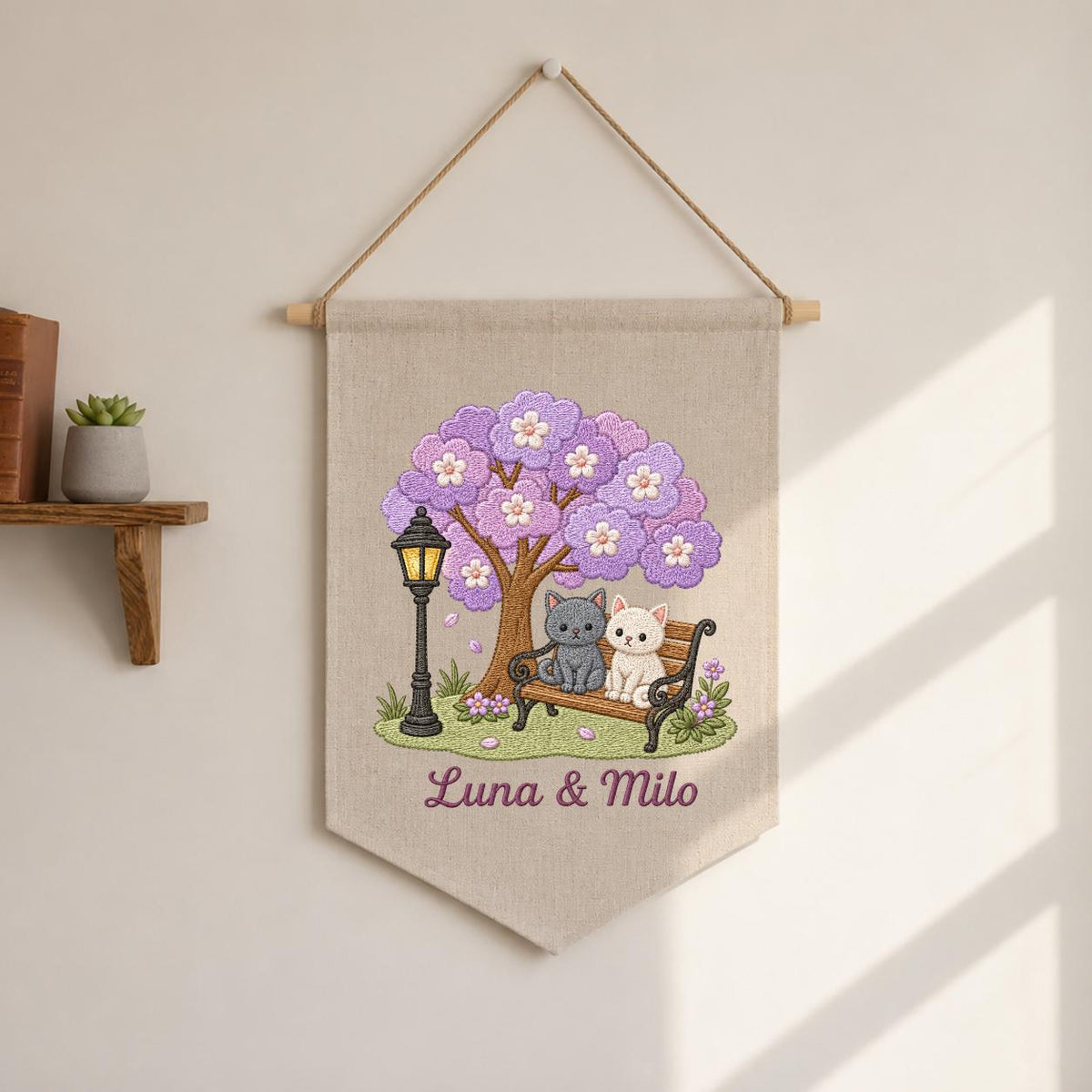 Personalized Cat Lovers Canvas Pennant Banner Decor, Custom Embroidered Grey and White Kitten Purple Tree Wall Hanging Sign, Pet Gift