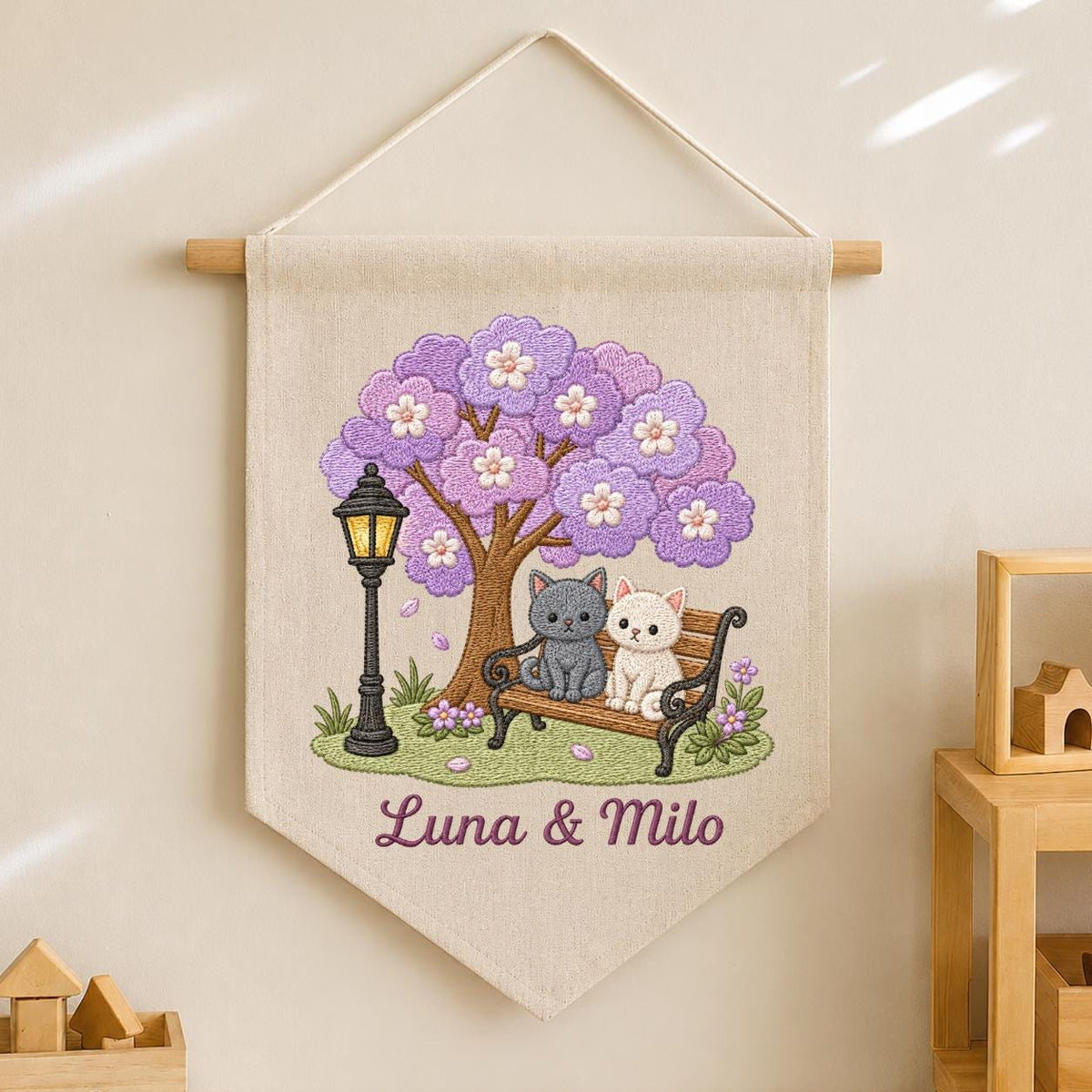 Personalized Cat Lovers Canvas Pennant Banner Decor, Custom Embroidered Grey and White Kitten Purple Tree Wall Hanging Sign, Pet Gift