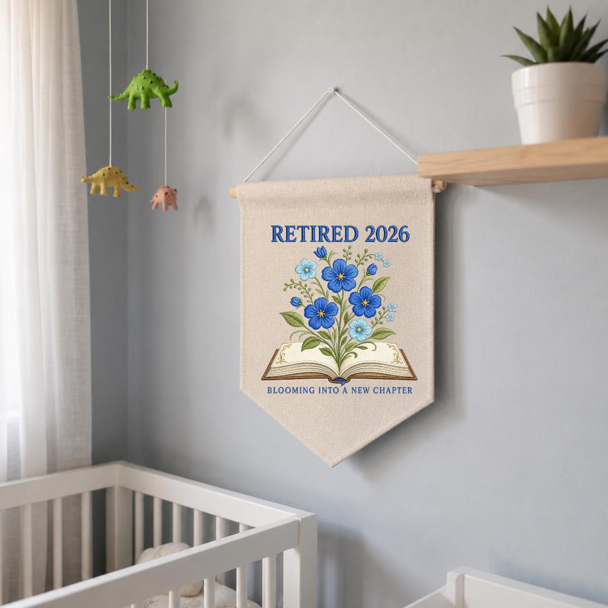 Blooming Into A New Chapter Retired 2026 Canvas Banner Decor, Custom Embroidered Blue Floral Book Wall Sign, Book Lover Retire Gift