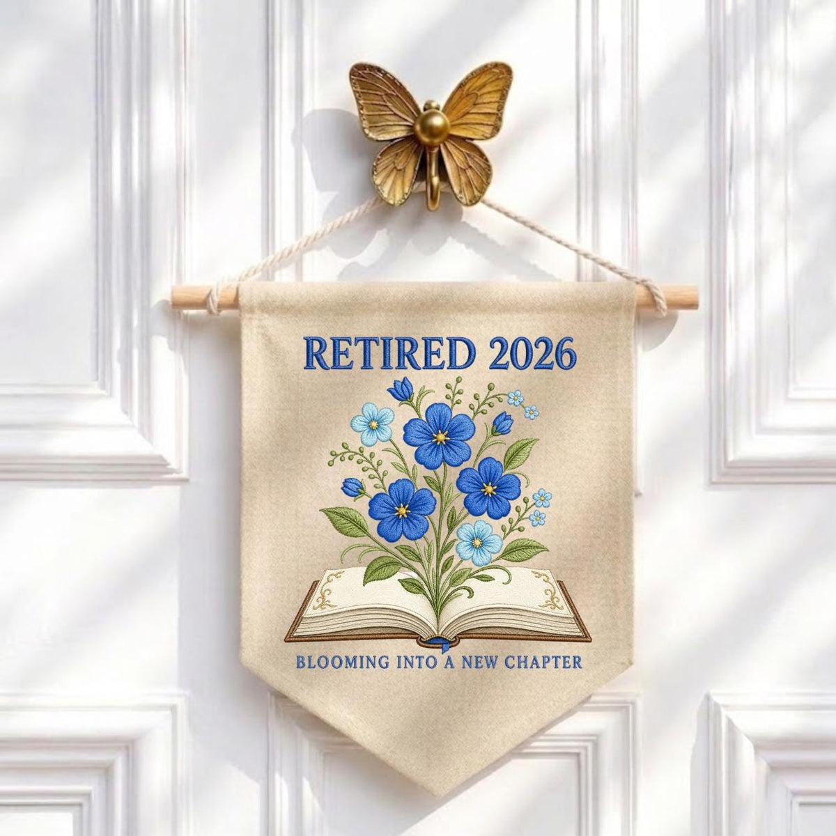 Blooming Into A New Chapter Retired 2026 Canvas Banner Decor, Custom Embroidered Blue Floral Book Wall Sign, Book Lover Retire Gift