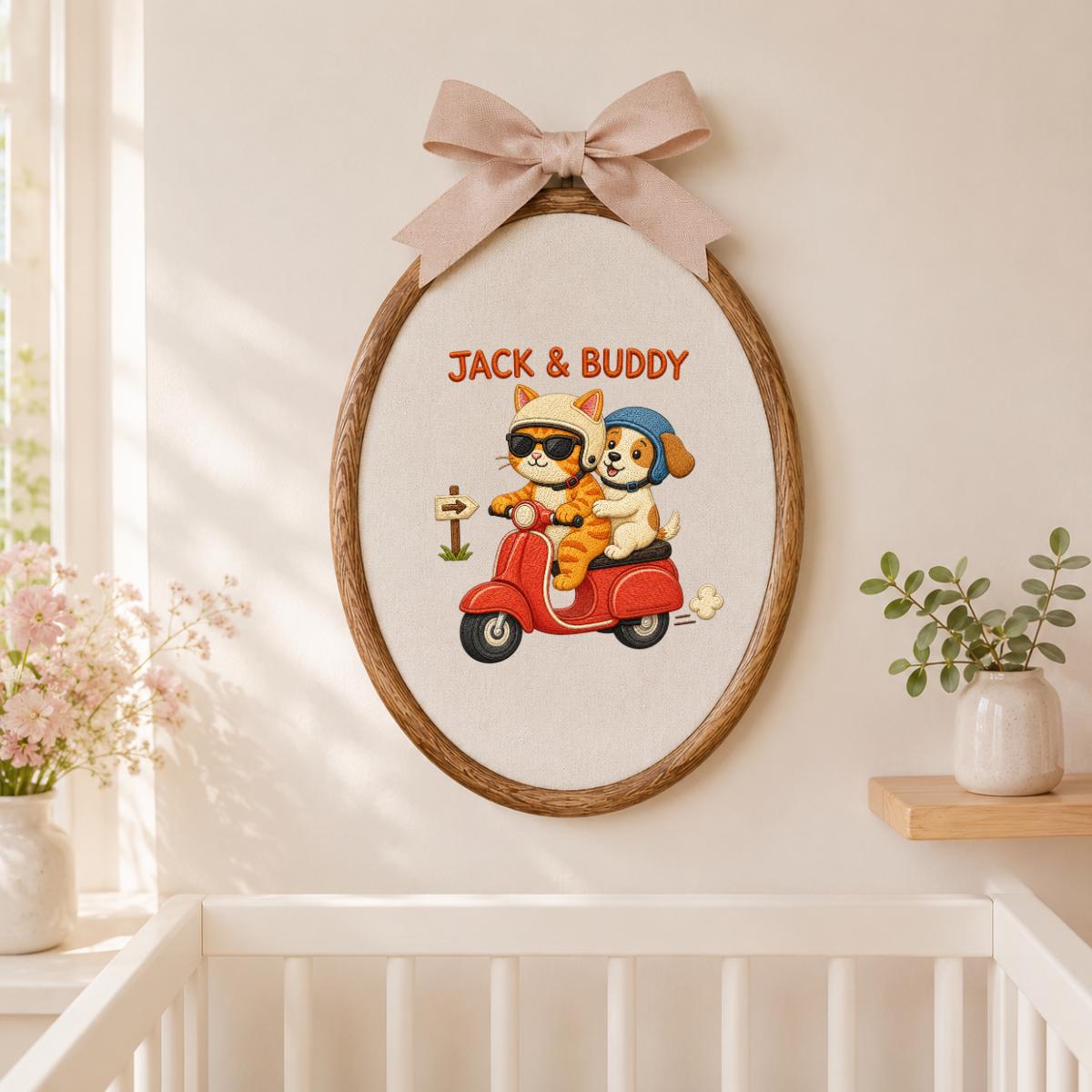 Custom Name Cat and Puppy on Red Vespa Embroidered Oval Hoop Decor, Cute Pet Best Friends Adventure Nursery Wall Hanging Sign, Gift