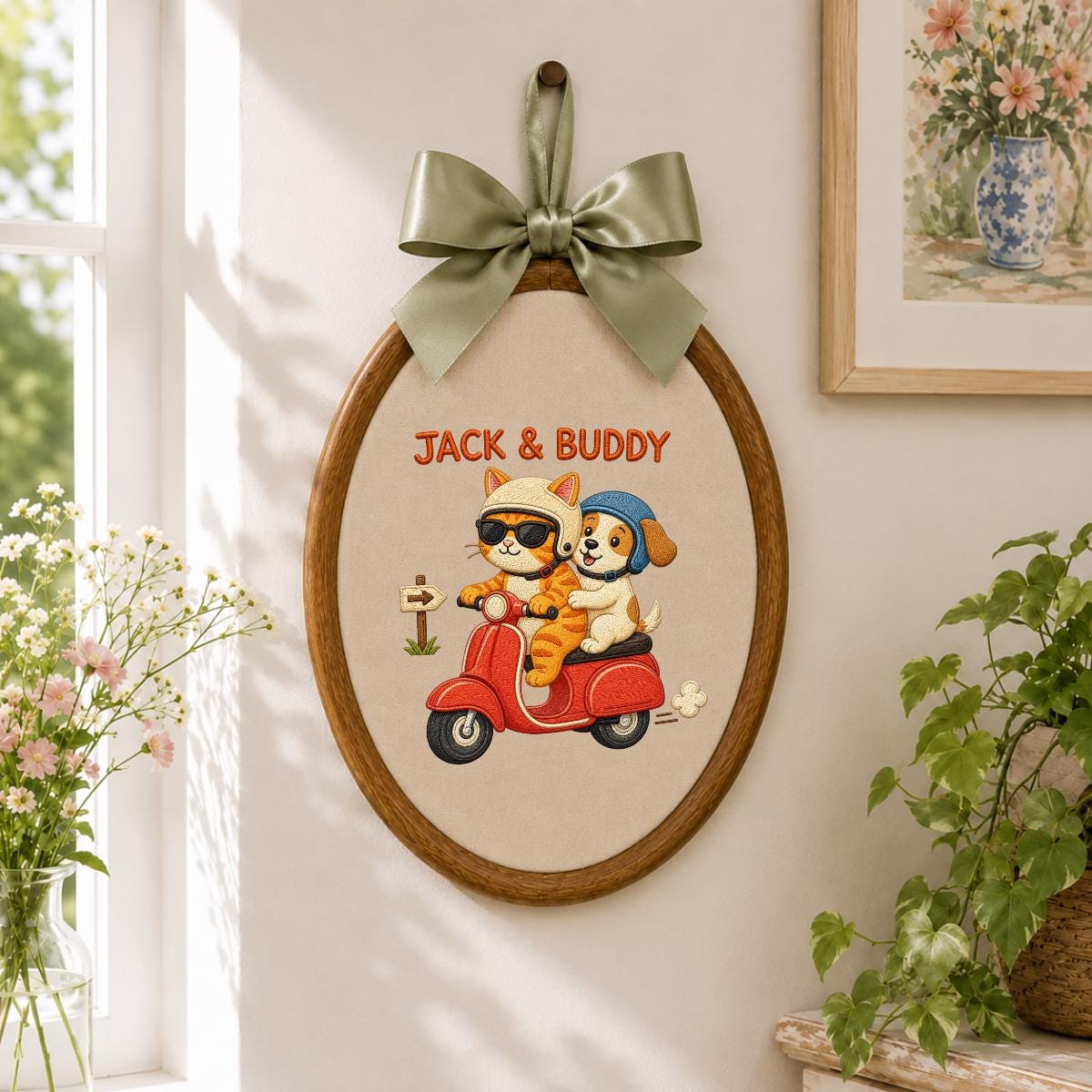 Custom Name Cat and Puppy on Red Vespa Embroidered Oval Hoop Decor, Cute Pet Best Friends Adventure Nursery Wall Hanging Sign, Gift