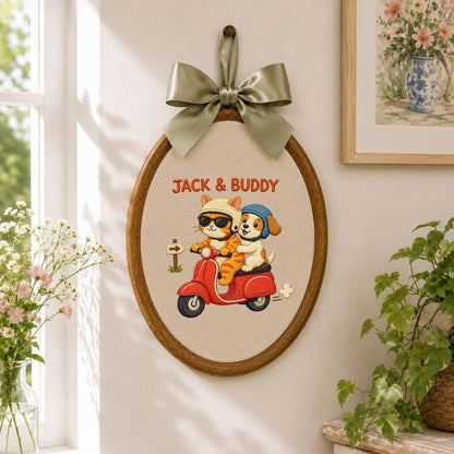 Custom Name Cat and Puppy on Red Vespa Embroidered Oval Hoop Decor, Cute Pet Best Friends Adventure Nursery Wall Hanging Sign, Gift