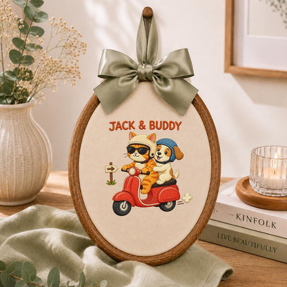 Custom Name Cat and Puppy on Red Vespa Embroidered Oval Hoop Decor, Cute Pet Best Friends Adventure Nursery Wall Hanging Sign, Gift