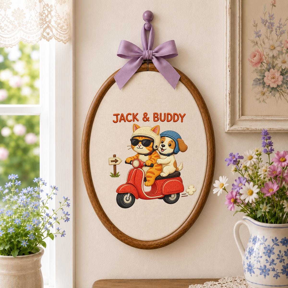 Custom Name Cat and Puppy on Red Vespa Embroidered Oval Hoop Decor, Cute Pet Best Friends Adventure Nursery Wall Hanging Sign, Gift