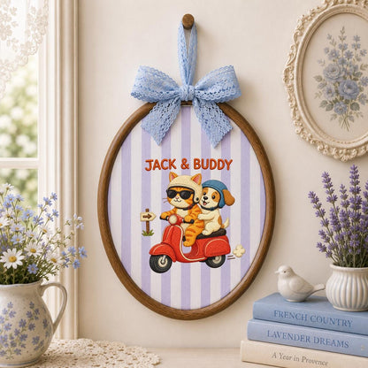 Custom Name Cat and Puppy on Red Vespa Embroidered Oval Hoop Decor, Cute Pet Best Friends Adventure Nursery Wall Hanging Sign, Gift