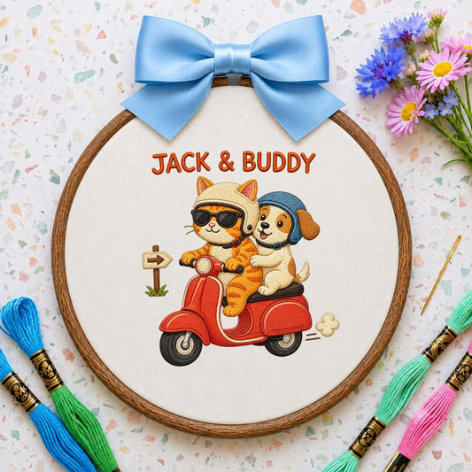 Custom Name Cat and Puppy on Red Vespa Embroidered Oval Hoop Decor, Cute Pet Best Friends Adventure Nursery Wall Hanging Sign, Gift