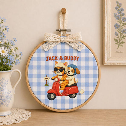 Custom Name Cat and Puppy on Red Vespa Embroidered Oval Hoop Decor, Cute Pet Best Friends Adventure Nursery Wall Hanging Sign, Gift