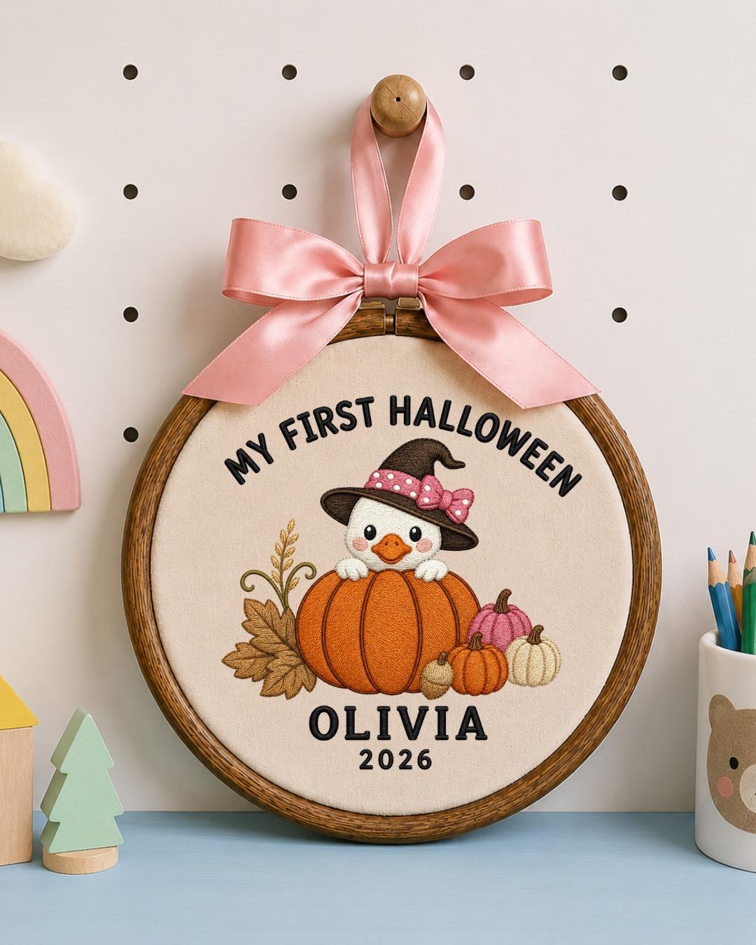 Personalized First Halloween Embroidered Ornament, Custom Baby Halloween Keepsake, Pumpkin Duck Decor, Baby Girl Halloween Gift