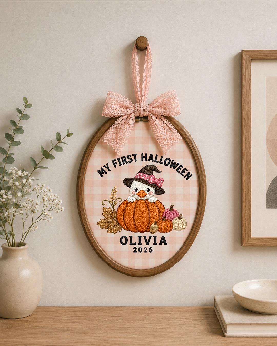 Personalized First Halloween Embroidered Ornament, Custom Baby Halloween Keepsake, Pumpkin Duck Decor, Baby Girl Halloween Gift