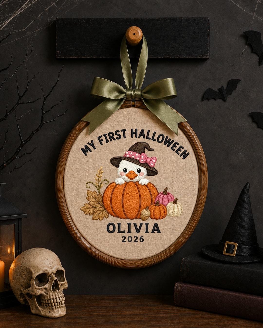 Personalized First Halloween Embroidered Ornament, Custom Baby Halloween Keepsake, Pumpkin Duck Decor, Baby Girl Halloween Gift