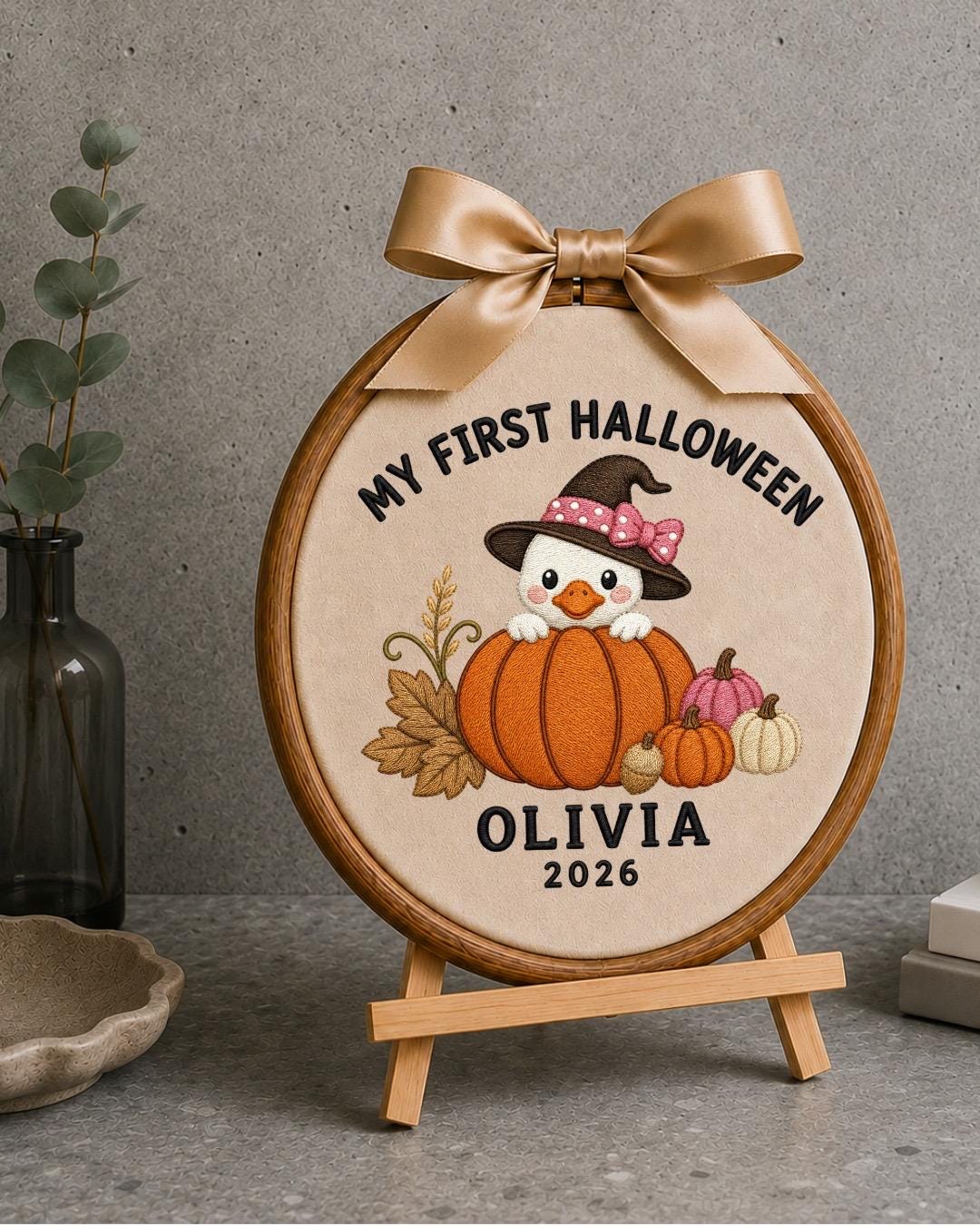 Personalized First Halloween Embroidered Ornament, Custom Baby Halloween Keepsake, Pumpkin Duck Decor, Baby Girl Halloween Gift