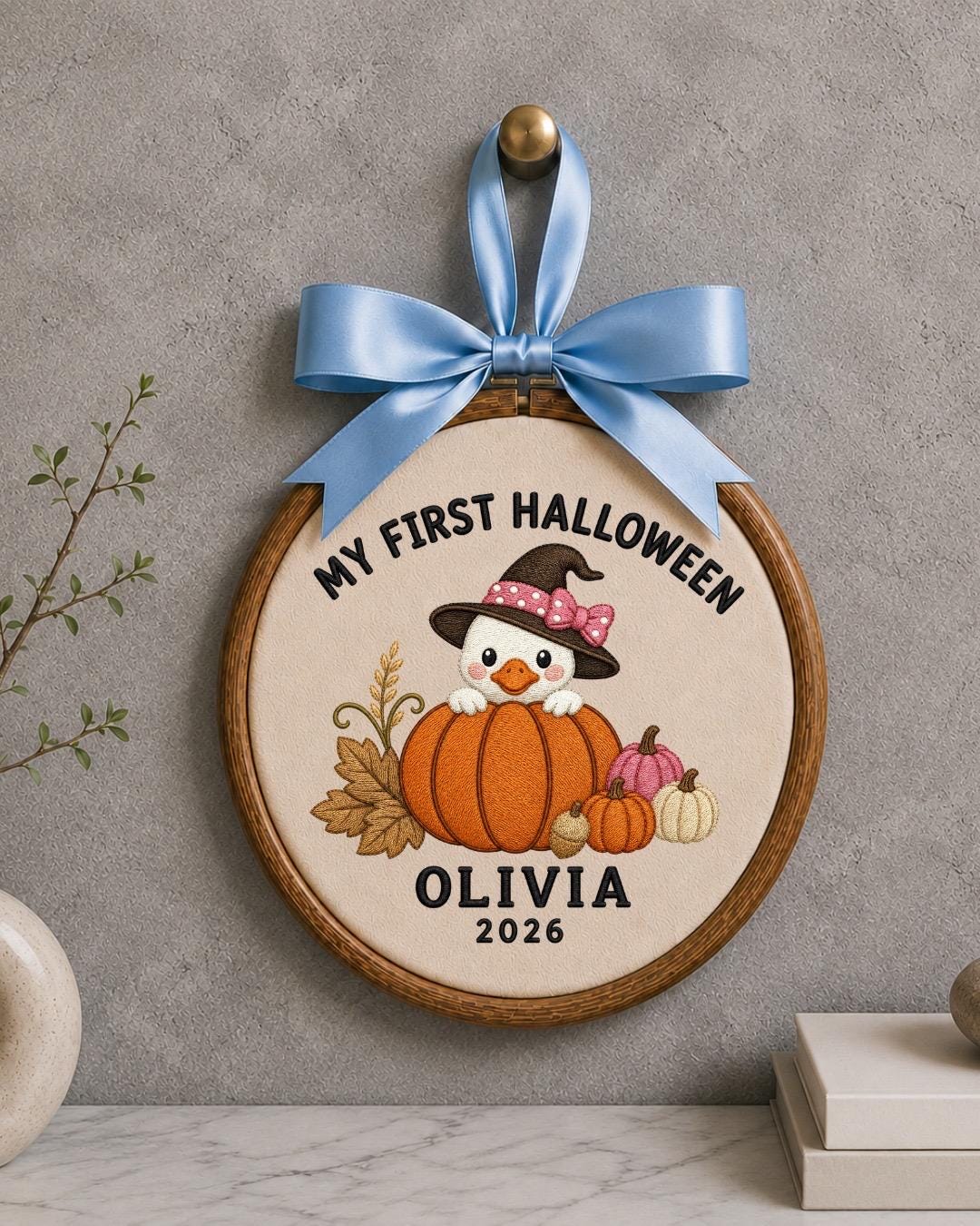 Personalized First Halloween Embroidered Ornament, Custom Baby Halloween Keepsake, Pumpkin Duck Decor, Baby Girl Halloween Gift