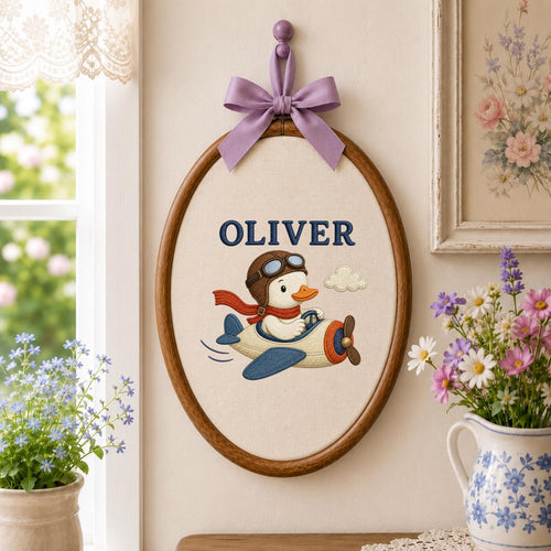 Personalized Aviator Duck Airplane Oval Hoop Art, Custom Name Embroidered Pilot Duckling Vintage Plane Boy Nursery Wall Hanging Sign