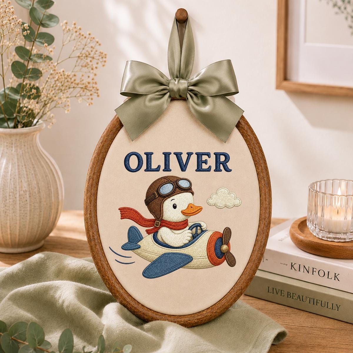 Personalized Aviator Duck Airplane Oval Hoop Art, Custom Name Embroidered Pilot Duckling Vintage Plane Boy Nursery Wall Hanging Sign